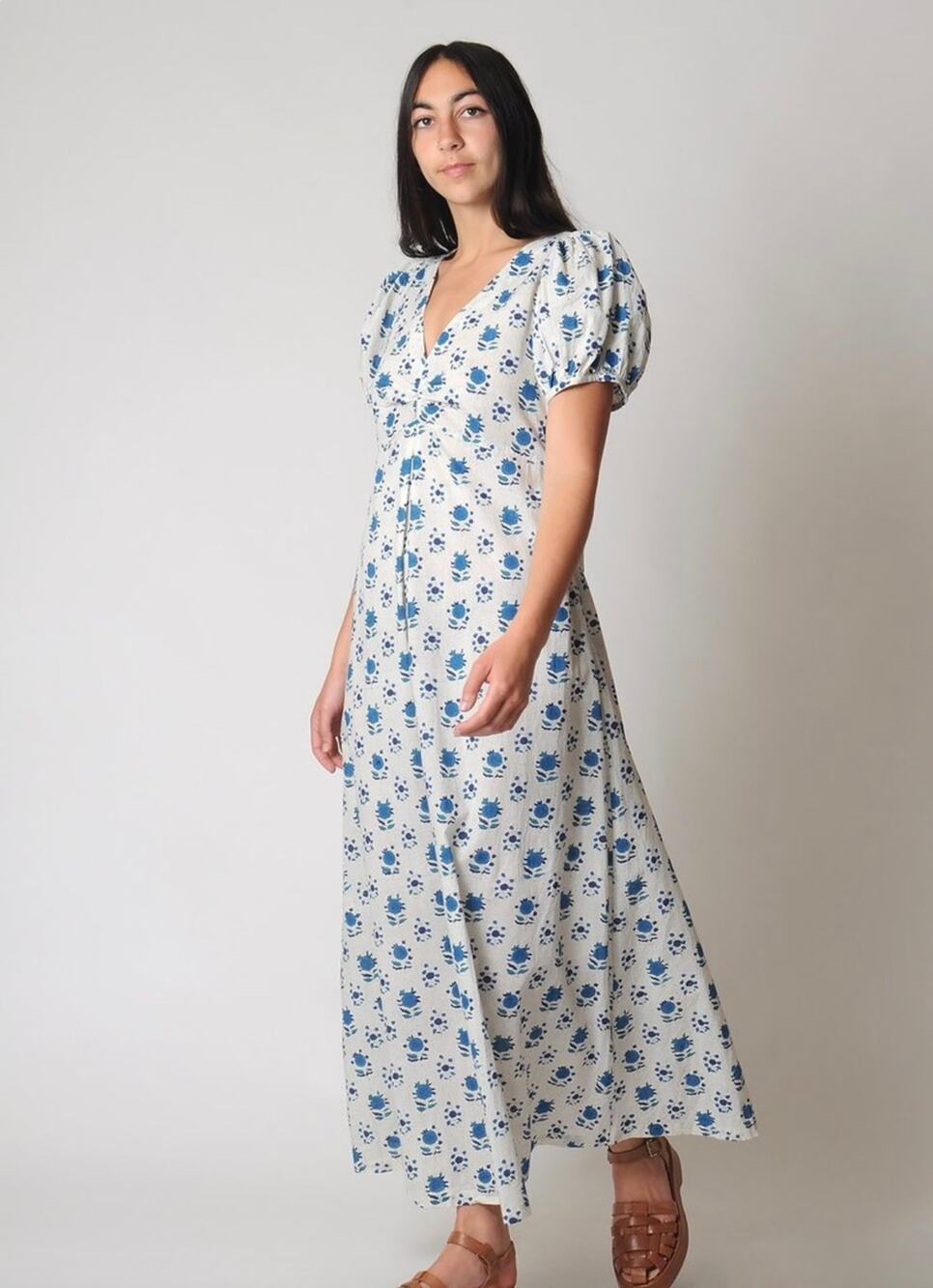 Matta NY Alice Myra Maxi Dress - Off White and Blue Floral Print - Size M